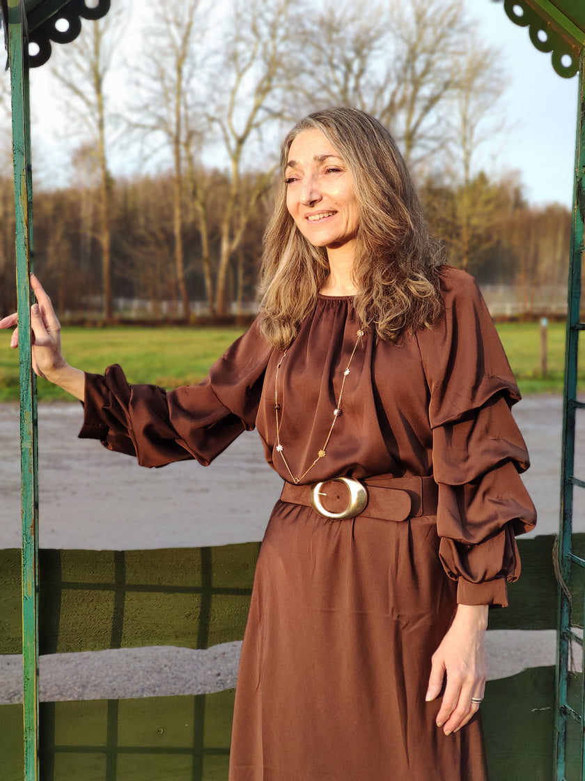 Blus, 'Raya' glansig med volymärm, Gemini