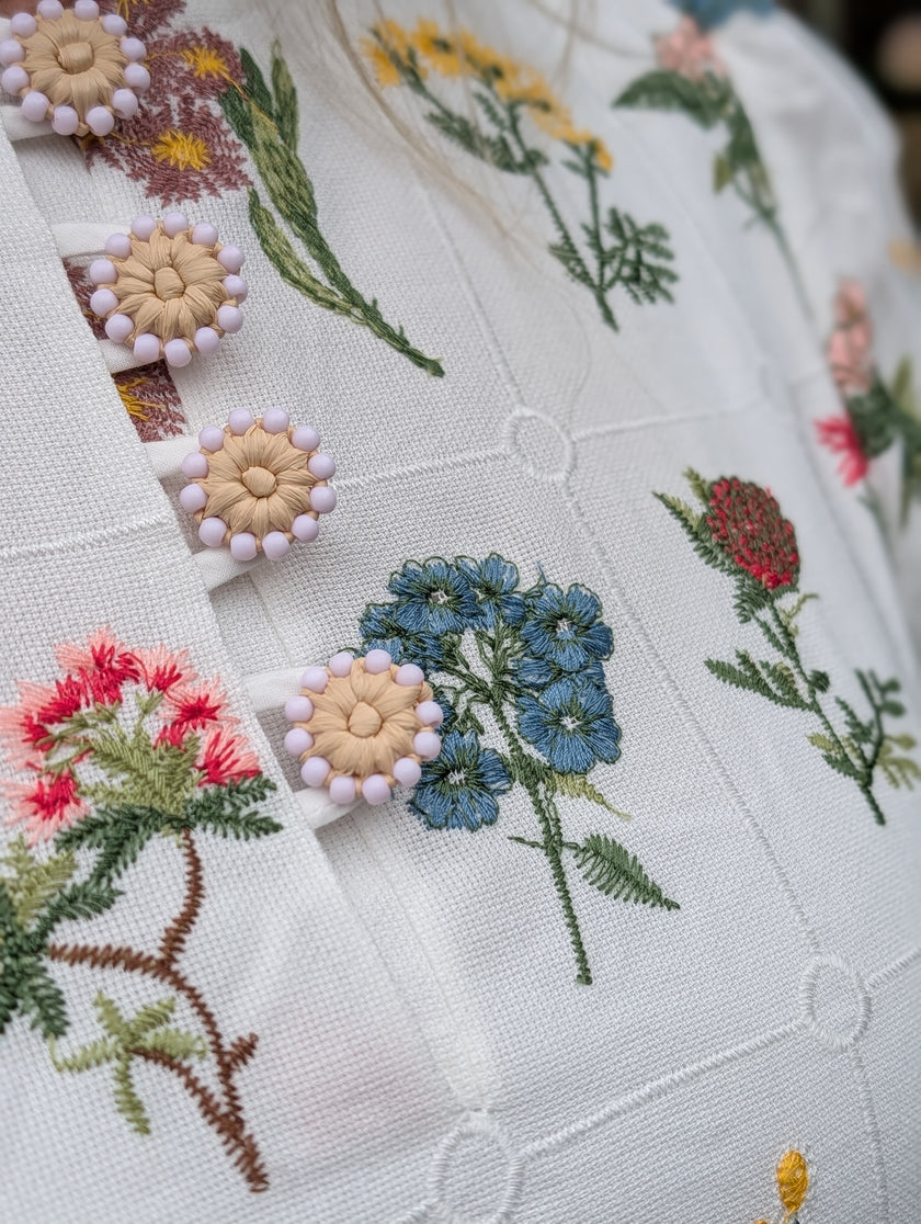 Blus med puffärm och botaniskt blomsterbroderi, Ackleja