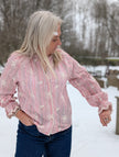 Blus rosa med ränder, brodyr och spetsdetaljer