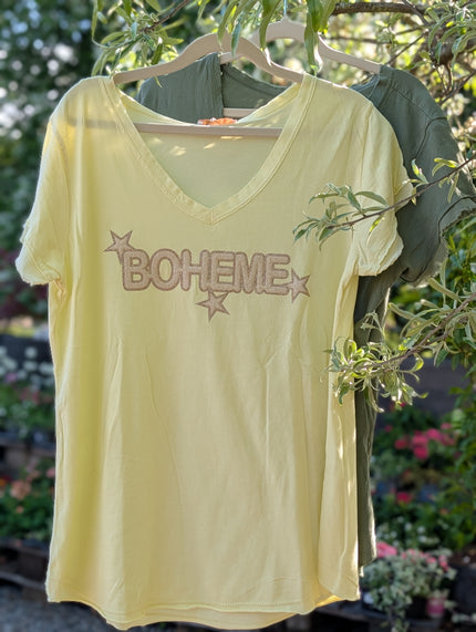 Topp, T-shirt, med text; Boheme
