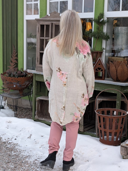 Skjorta i linne, storblommig 'Lela', knappar bak, Reunion